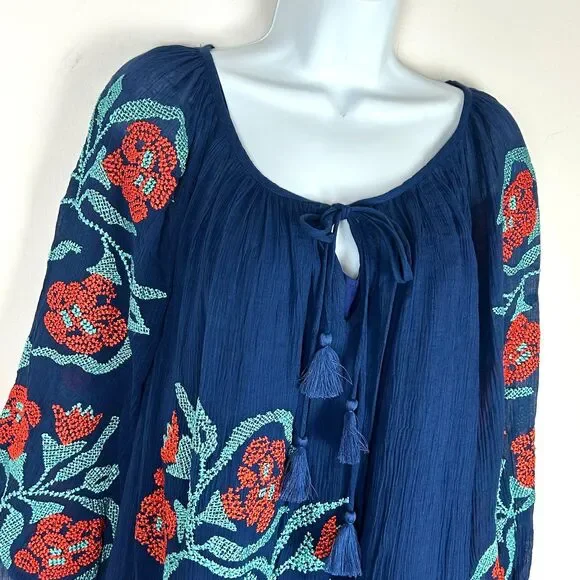 Trina Turk Blue Embroidered Boho Cotton Lined Floral Tunic Dress Size 6 NEW - Picture 3 of 15